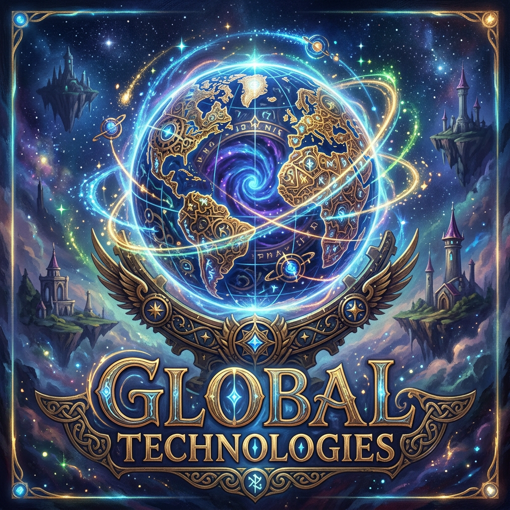 A glowing globe with intricate technological and mystical symbols surrounded by orbiting lines and cosmic elements